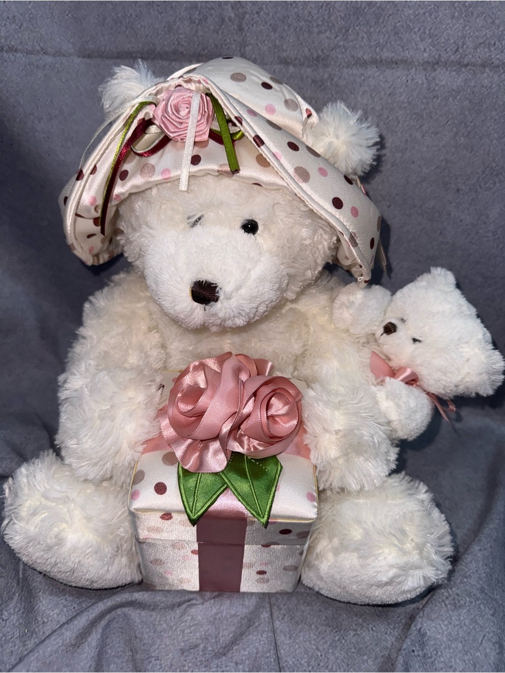 Plush White Teddy Bear with Pink Polka-Dot Hat and Gift Accents